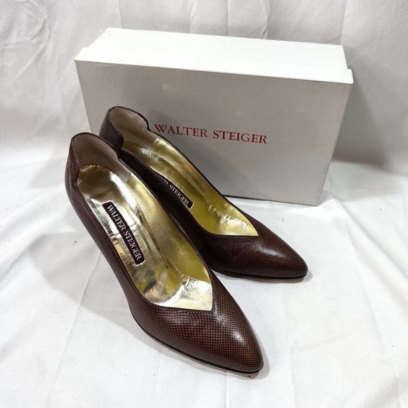 Vintage Walter Steiger Heels Pumps Sz 7.5 AA Brown Embossed Leather Handmade Ita - Picture 1 of 14